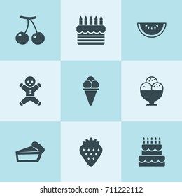 Set of 9 dessert filled icons such as cherry, strawberry, cake, ice cream, piece of cake, gingerbread, ice cream