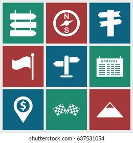 set of 9 destination filled icons such as direction isolated, arrival table, pyramid, flag, finish flag, direction, compass