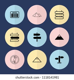 Set of 9 destination filled and outline icons such as pyramid, direction, direction   isolated, arrival table