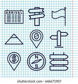 Set of 9 destination outline icons such as direction   isolated, arrival table, pyramid, flag, direction, dollar location