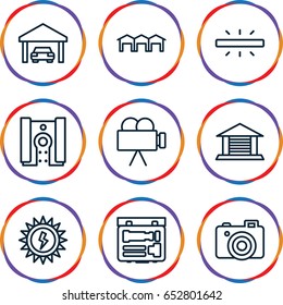 Set of 9 detail outline icons such as camera, garage