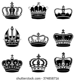 Set of 9 detailed crowns isolated on white background 