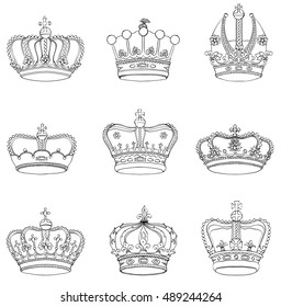 Set of 9 detailed crowns isolated on white background 