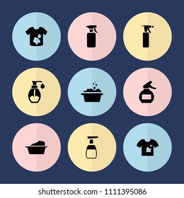 Set of 9 detergent filled icons such as spray bottle, laundry, dirty laundry