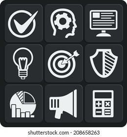 Set of 9 development vector web and mobile icons in flat design. Idea, protect, development, target, calculate, diagram, chart