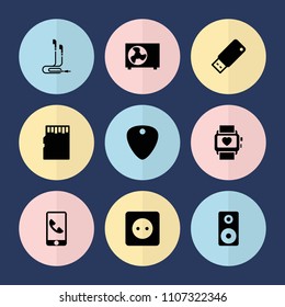 Set of 9 device filled icons such as loudspeaker, usb drive, air conditioner, memory card, plug socket, phone, heart rate watch, guitar mediator