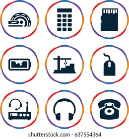 set of 9 device filled icons such as mouse, mri, desk phone, broken battery, construction  crane, intercom, memory card, listening device