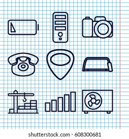 Set Of 9 Device Outline Icons Such As CPU, Hacksaw, Desk Phone, Guitar Mediator, Camera, Low Battery, Construction  Crane, Air Conditioner