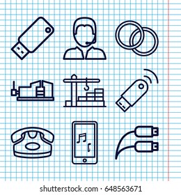 Set of 9 device outline icons such as desk phone, vice clamp, mobile phone music, earphone wire, support, camera lense, usb drive, construction  crane
