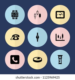 Set of 9 dial filled icons such as call, wrist watch, wrist dial watch, sundial, pendulum, panel control, clock, control panel