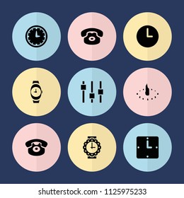 Set of 9 dial filled icons such as desk phone, wall clock, wrist watch for woman, sundial, wrist watch