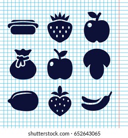 Set of 9 diet filled icons such as mushroom, banana, lemon, strawberry, hot dog, apple