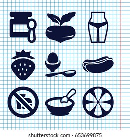 Set of 9 diet filled icons such as strawberry, beet, baby food, porridge, hot dog, boiled egg, lemon, no fast food