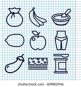 Set of 9 diet outline icons such as eggplant, porridge, Lemon, banana, sack, apple, waist fitness, protein powder