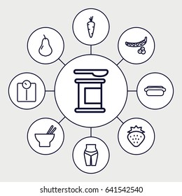 Set of 9 diet outline icons such as strawberry, carrot, pear, peas, asian food, hot dog, waist fitness, protein powder