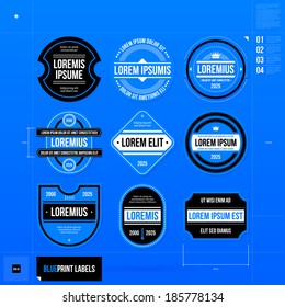 Set of 9 different badges/labels in blueprint style. EPS10
