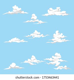 Set of 9 different cloud. Cartoon clouds isolated on blue sky panorama vector collection. Cloudscape in blue sky, white cloud illustration. Flat style realistic elements, icon or logo