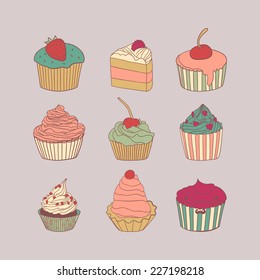 Set of 9 different delicious cupcakes vector illustration. Cartoon tasty cupcakes in pastel colors