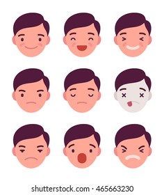 Set of 9 different emotions. Anger and joy. Surprised and hurt. Indifference and shock. Laughter and dream. Cartoon vector flat-style illustration