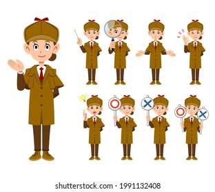 A set of 9 different facial expressions and gestures for a female detective