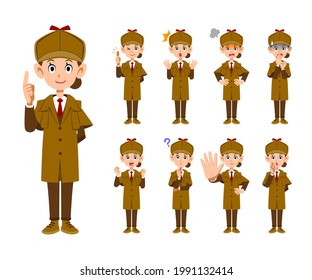 A set of 9 different facial expressions and gestures for a female detective