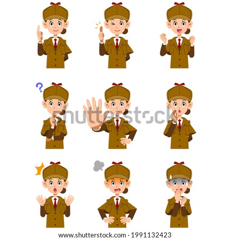 A set of 9 different facial expressions and gestures for the upper body of a female detective 1