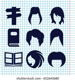 Set of 9 different filled icons such as woman hairstyle, photo album