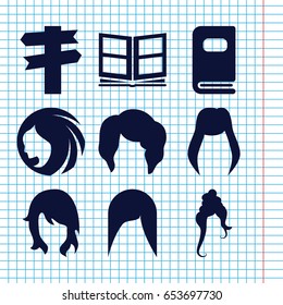 Set of 9 different filled icons such as woman hairstyle, photo album