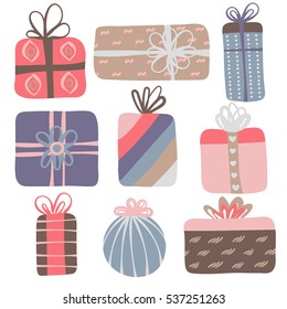 Set of 9 different gift boxes. Cute design. Colorful creative presents. Icon or logo. Vector illustration, eps10