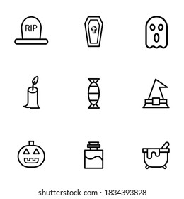 Set of 9 different Halloween related icons, outline, thin line on white background. Grave, ghost, trick or treat. Happy Halloween EPS Vector