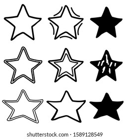 Set of 9 different hand drawn stars, rough handmade, black doodles isolated on white background EPS Vector