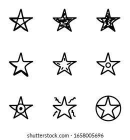 Set of 9 different hand drawn stars, rough handmade, black doodles isolated on white background EPS Vector

