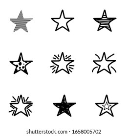 Set of 9 different hand drawn stars, rough handmade, black doodles isolated on white background EPS Vector
