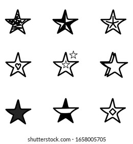 Set of 9 different hand drawn stars, rough handmade, black doodles isolated on white background EPS Vector
