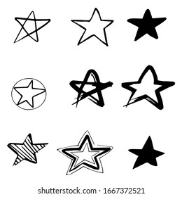 Conjunto de 9 estrellas dibujadas a mano, doodles brutos hechos a mano, negros aislados en el vector EPS de fondo blanco
