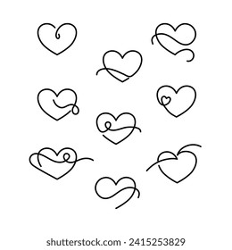 Set of 9 different heart designs in continuous line drawing style.