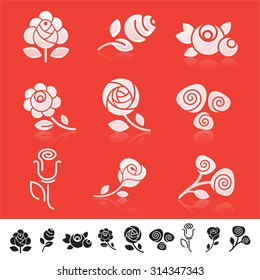 Set of 9 different icons with rose flower silhouettes
