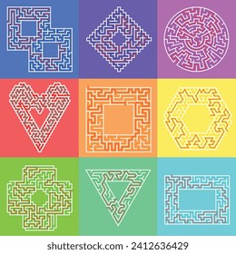 Set of 9 different mazes with empty center isolated on red, orange, yellow, purple, pink, green, blue, cyan backgrounds. Find the way in or out of the maze. Easy and medium difficulty labirinths.