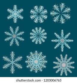 Set of 9 different multicolored christmas snowflakes