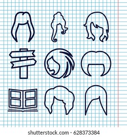 Set of 9 different outline icons such as woman hairstyle, photo album