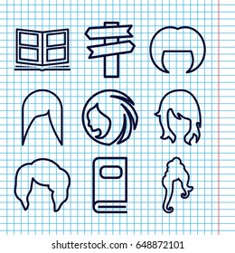Set of 9 different outline icons such as woman hairstyle, photo album