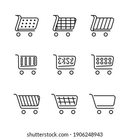 Set of 9 different shopping cart icons. Collection of web icons from various shopping cart icons in various shapes for online store. Add to cart website symbols, user interface pictograms. Art line.