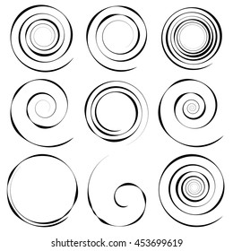 Set of 9 different spiral elements. Swooshes, swirl shapes.