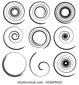 Set of 9 different spiral elements. Swooshes, swirl shapes.