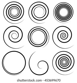 Set of 9 different spiral elements. Swooshes, swirl shapes.