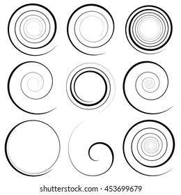 Set of 9 different spiral elements. Swooshes, swirl shapes.