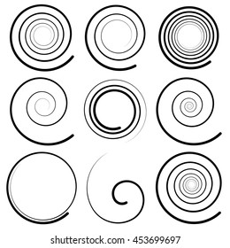 Set of 9 different spiral elements. Swooshes, swirl shapes.