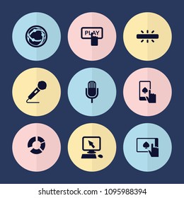 Set of 9 digital filled icons such as finger pressing play button, pointer on display, microphone, camera, finger on tablet, finger on display, pie chart