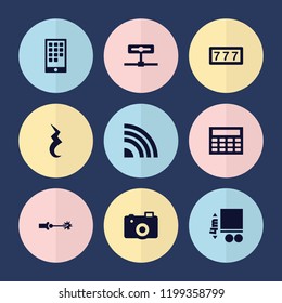 Set of 9 digital filled icons such as 7 number, camera, calendar on phone, calculator, cargo height, signal, electric circuit