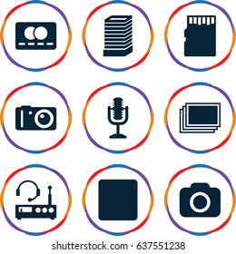 set of 9 digital filled icons such as business center building, photos, credit card, stop, microphone, camera, memory card